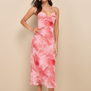 Lulus Bright Charm Pink Abstract Print Chiffon Slip Midi Dress - Size M